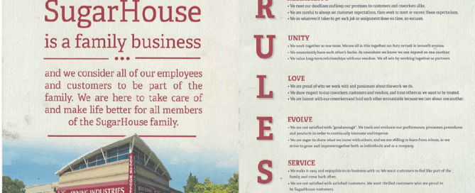 SugarHouse Industries promotional flyer displaying core values, with key sections titled "Our Vision" and "Family Rules," featuring a building image.