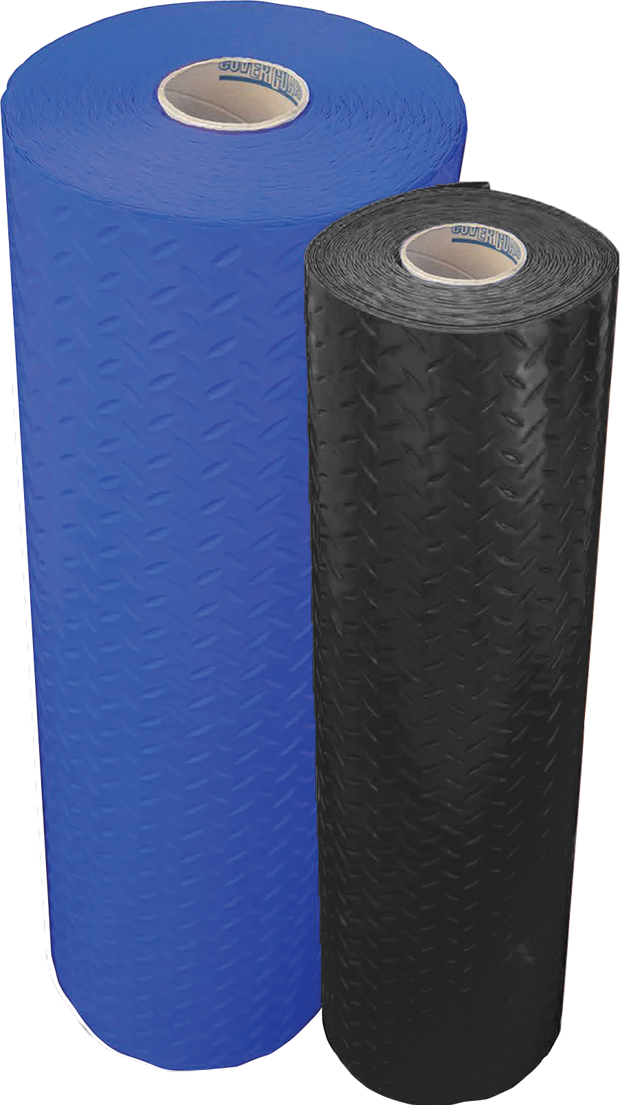 Two rolls of protective covering: a large blue roll on the left and a smaller black roll on the right, both with textured surfaces.