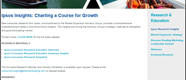 Group of people enjoying a boat ride on a calm waterway, with a prominent triangular graphic at the top and text detailing Ipsos Insights.