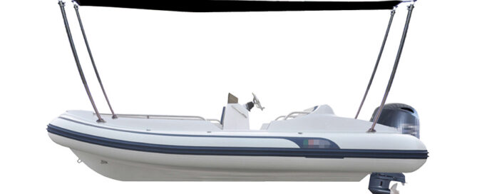 A white inflatable boat with a dark canopy, suspended by fiberglass poles, set against a plain background.