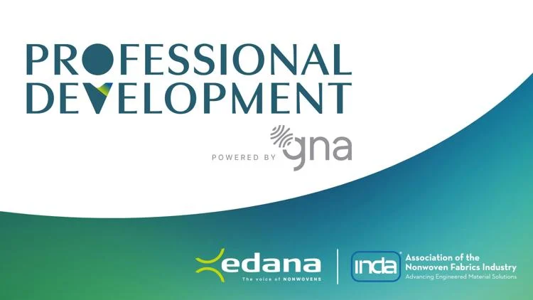 Text that reads "PROFESSIONAL DEVELOPMENT" in bold blue above a grey logo with "powered by gna." Brand logos of EDANA and INDA at the bottom.