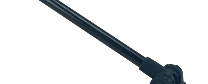 Black folding arm hinge with a cylindrical body and a straight rod extending from it, designed for marine applications.