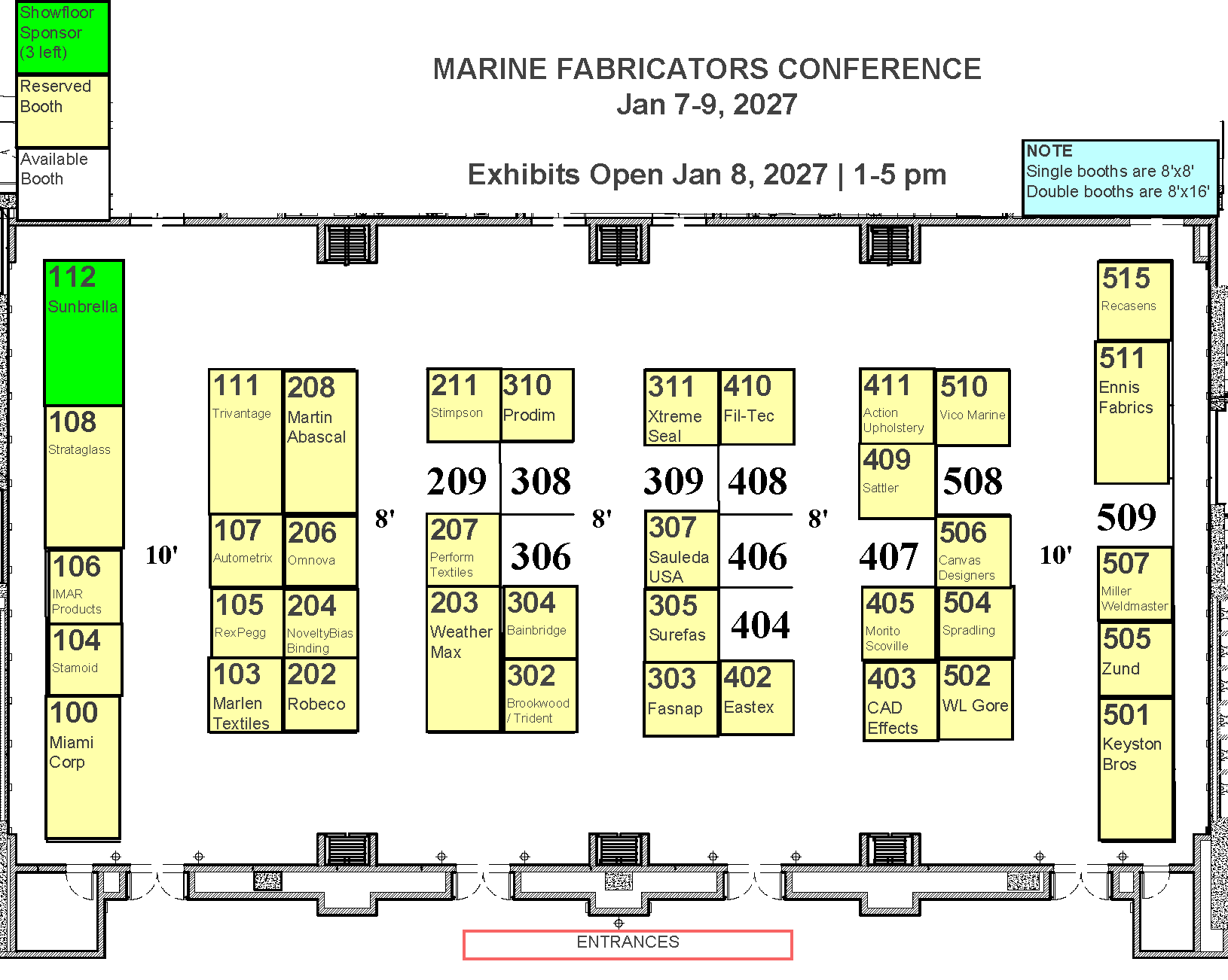 mfconf 27 Floor Plan as of 8-27-26 Layout of the Marine Fabricators Conference floor plan, featuring numbered exhibitor booths, entrances, and reserved spaces in a grid format.