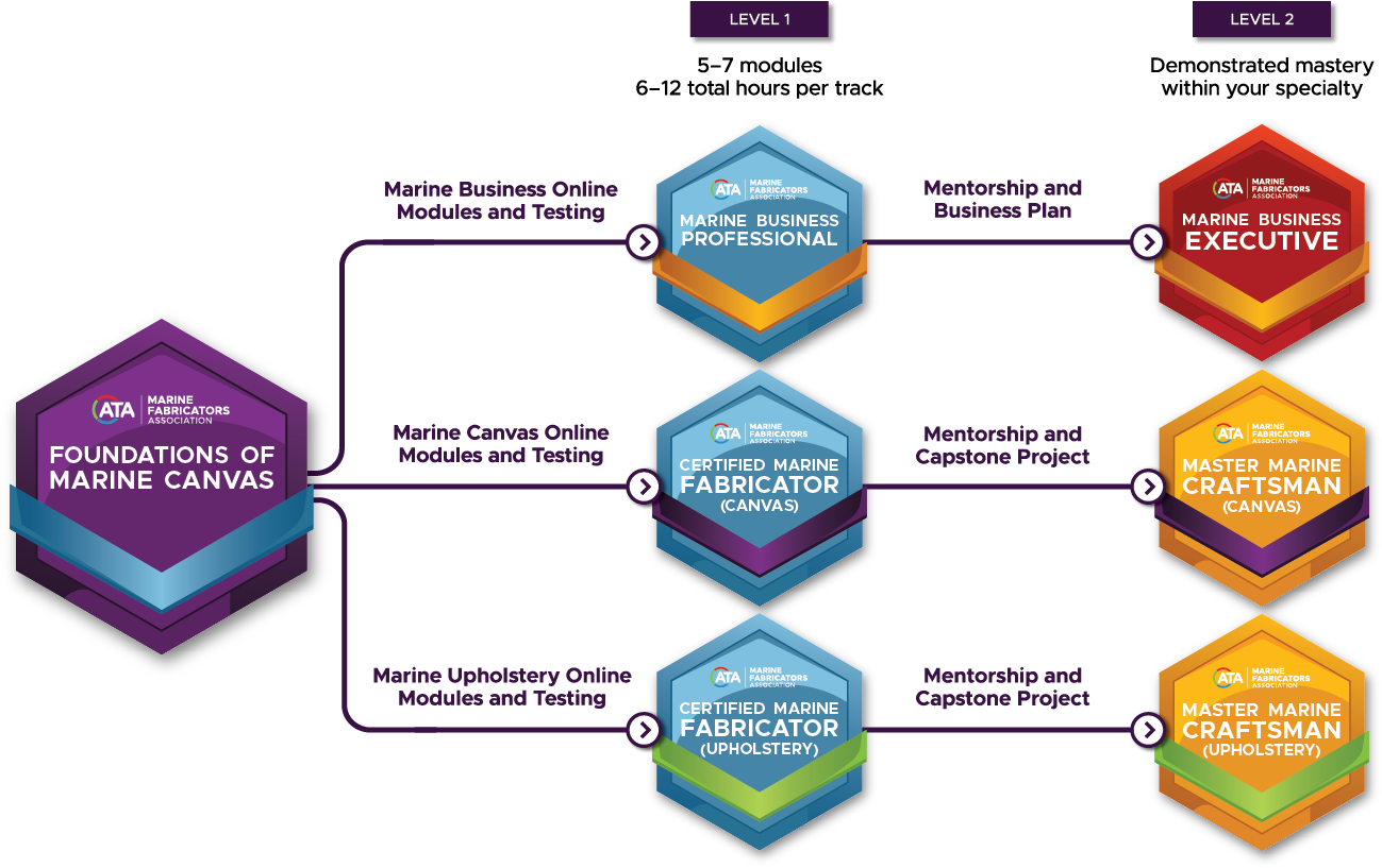 Flowchart illustrating a certification pathway for marine professionals, featuring interconnected hexagons in purple, blue, and orange, depicting levels and required modules.